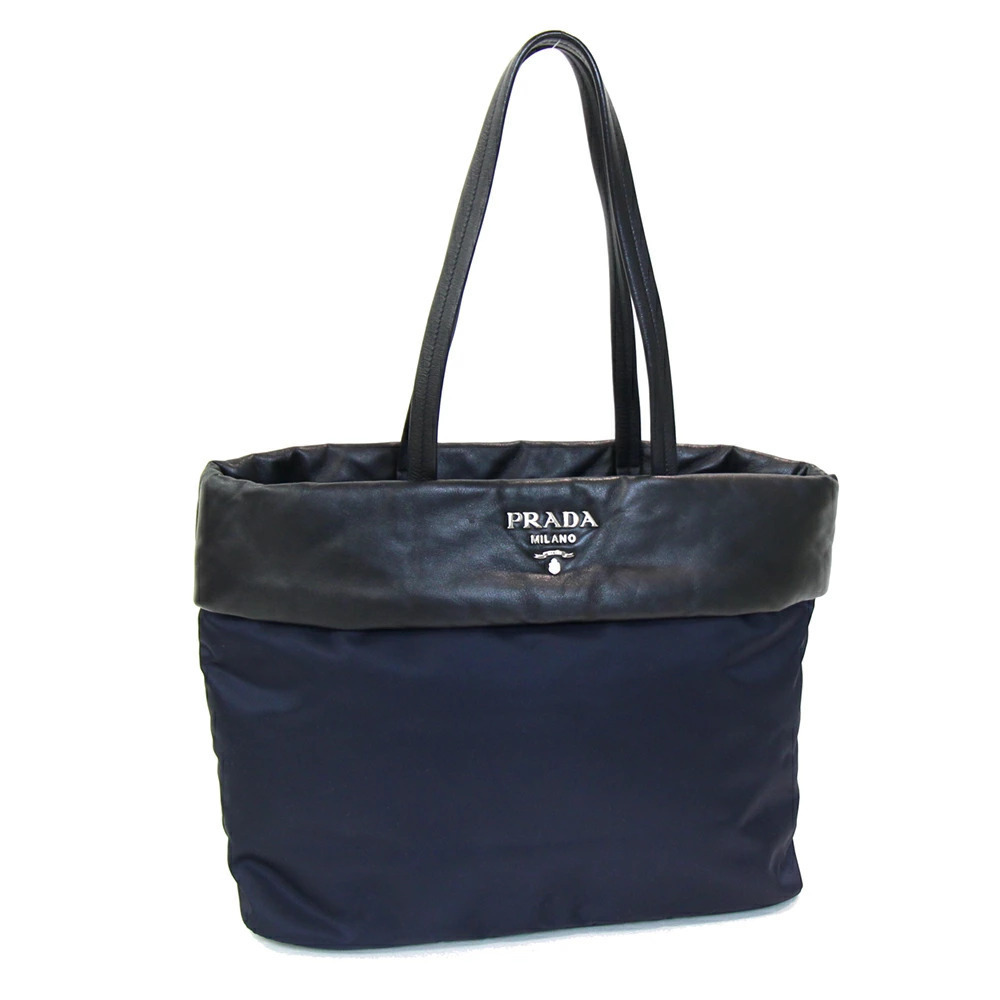 Prada tote bag Navy Blue black leather shoulder